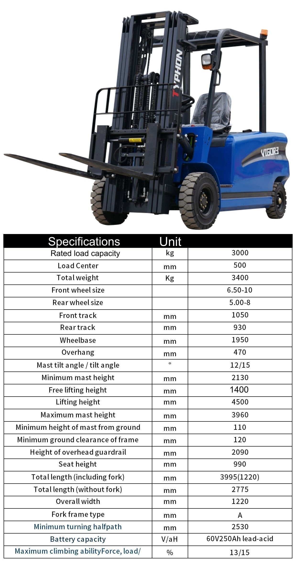 TYPHON VIGOR 3 Ton Blue Forklift – image 2