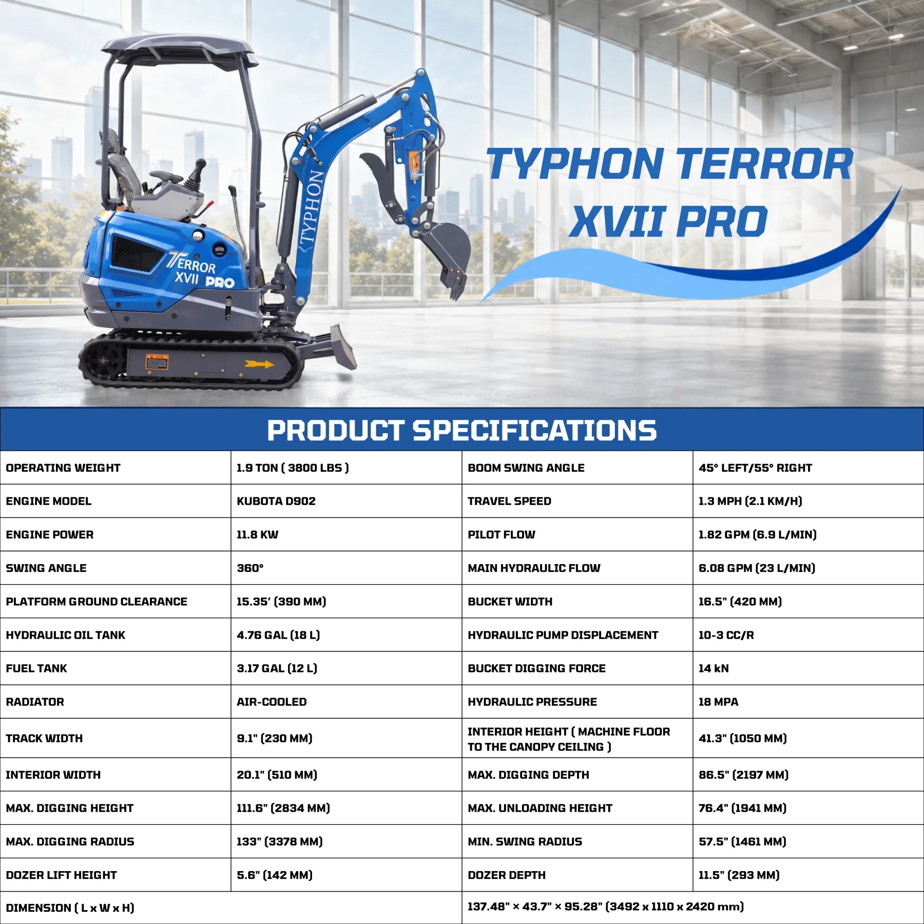 New TYPHON TERROR XVII PRO 3800 lb Mini Excavator – Kubota Diesel, Premium Hydraulics, 14kN Dig Force, Boom Swing - Image 2